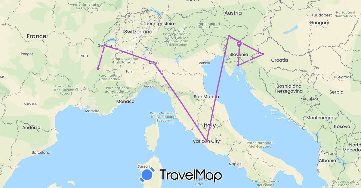 TravelMap itinerary: bus, train in Austria, Switzerland, France, Croatia, Italy, Slovenia (Europe)